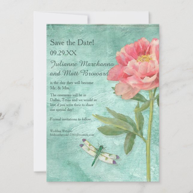 Save the Date Hübsche Peony Blume in Dragonfly (Vorderseite)