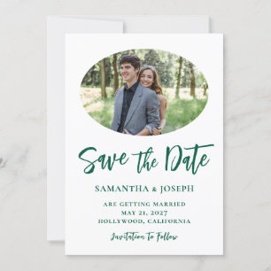 Save The Date Hunter Green Script manuscrit Oval Photo