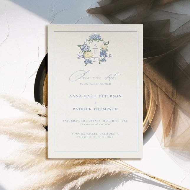 Save The Date Hydrangea Crest Periwinkle Bleu Élégant Mariage (formal wedding save the date modern classic traditional frame hydrangea crest old money blue )