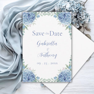 Save The Date Hydrangeas Bleus Écriture Florale Aquarelle