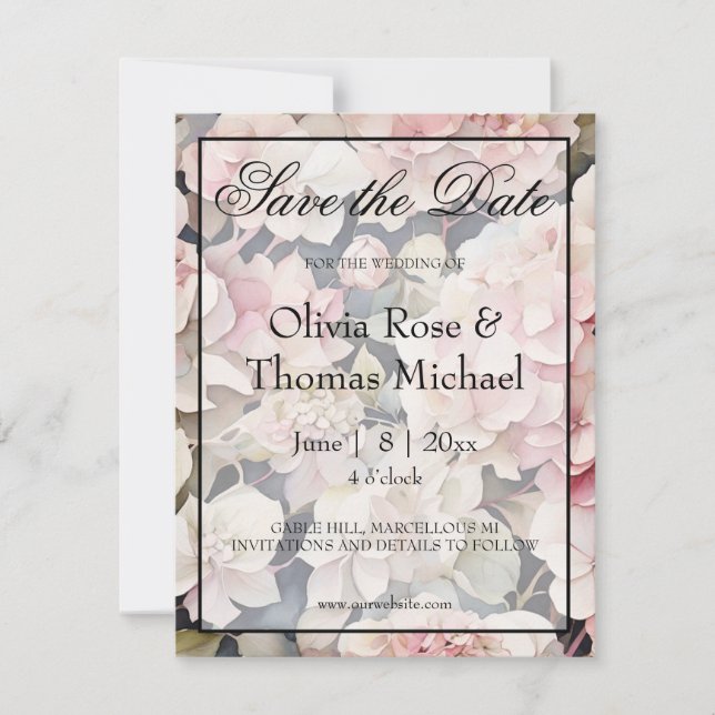 Save The Date Hydrangeas florales aquarelles roses élégantes  (Devant)