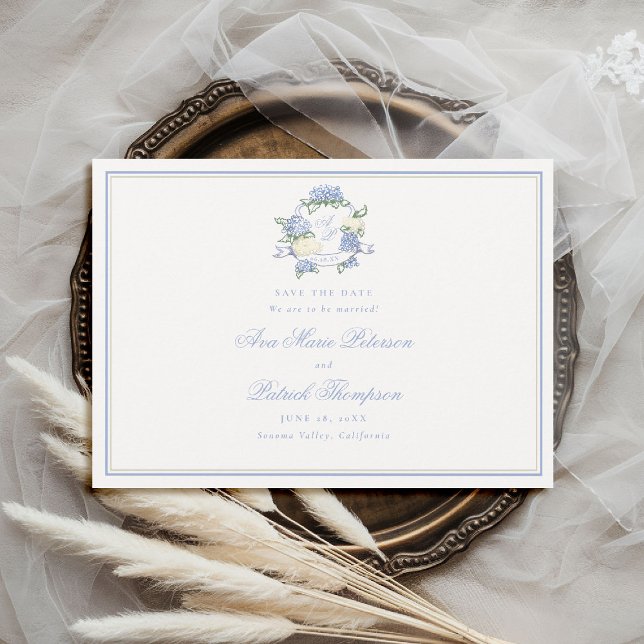 Save The Date Hydrangeas Formelles Crête Bleu Cadre Ivoire Maria (formal wedding save the date modern classic traditional frame hydrangea crest blue ivory old money)