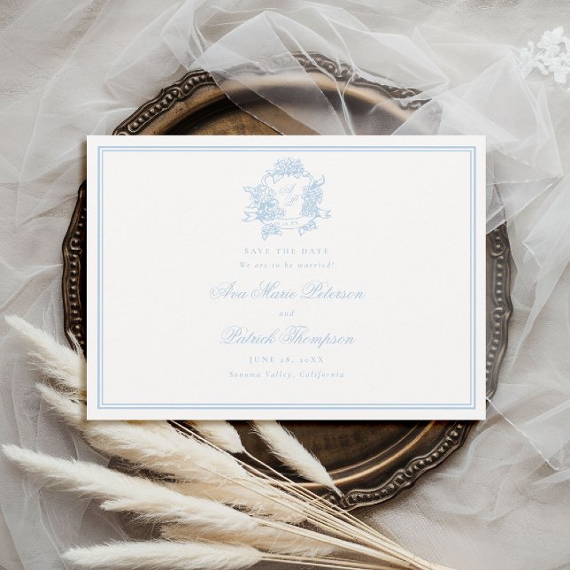 Save The Date Hydrangée formelle Crest Classic Blue Frame Mariag (formal wedding save the date modern classic traditional frame hydrangea crest blue periwinkle )