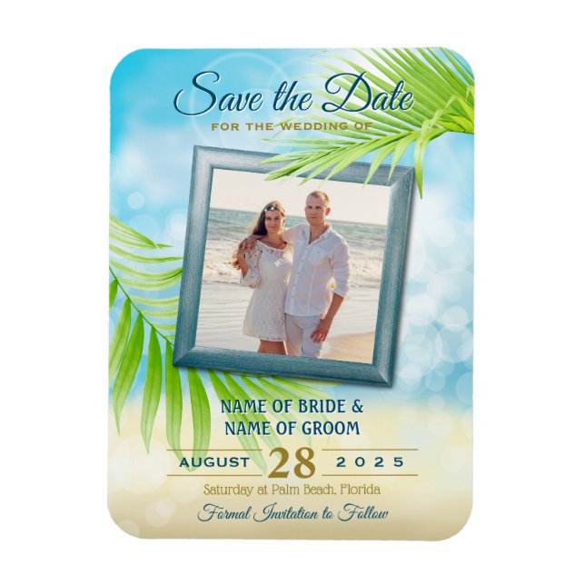 Save the Date Ihr Foto Beach Wedding Palm Blätter Magnet (Vertikal)