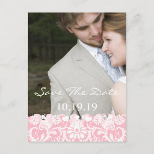 Save the Date Ihr Foto Rosa und Weiße Damast Ankündigungspostkarte