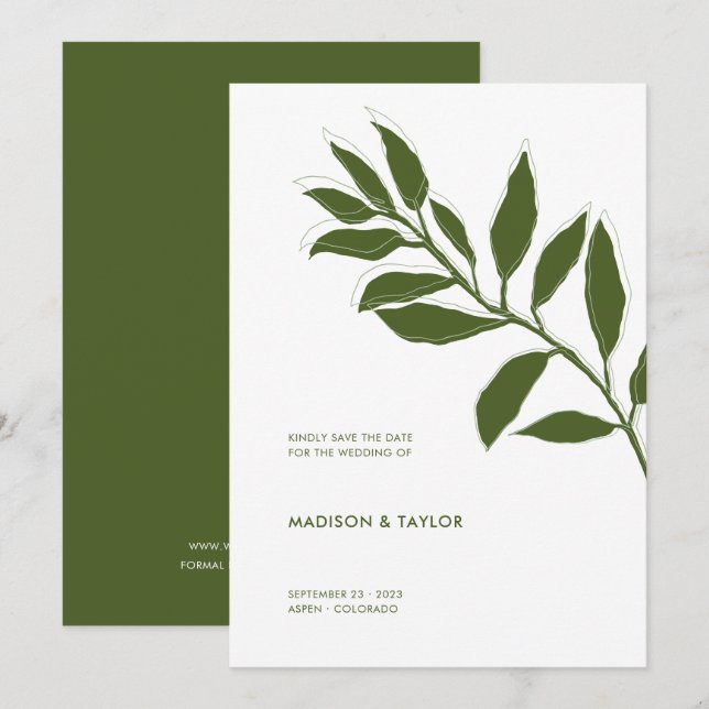 Save The Date Illustration botanique moderne Moss Green Two Tone (Devant / Derrière)