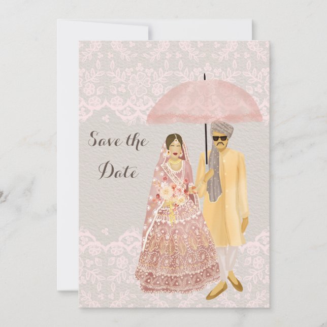 Save The Date Illustration de couple indien avec parapluie rose (Devant)