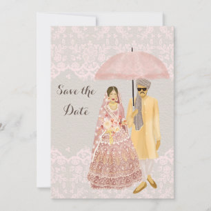 Save The Date Illustration de couple indien avec parapluie rose