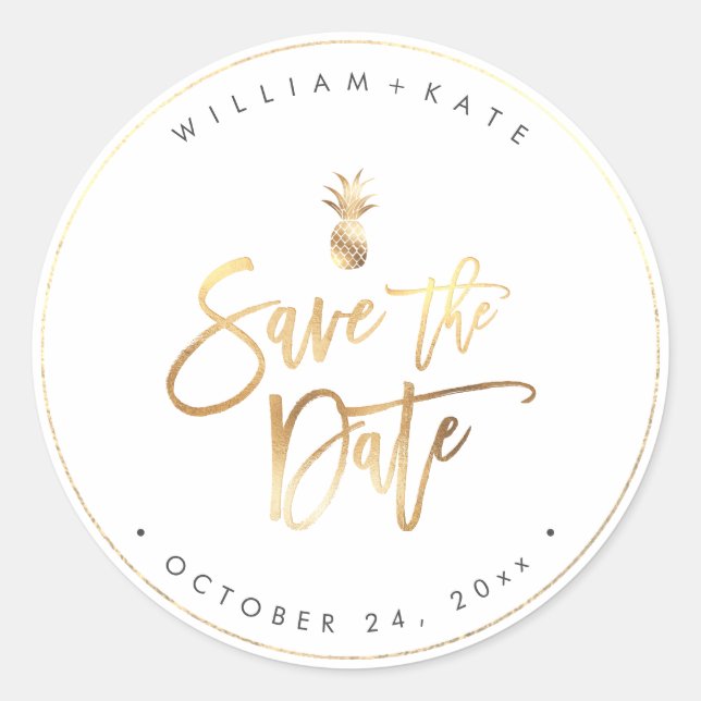 Save the Date, Imitate Gold Ananas Runder Aufkleber (Vorderseite)