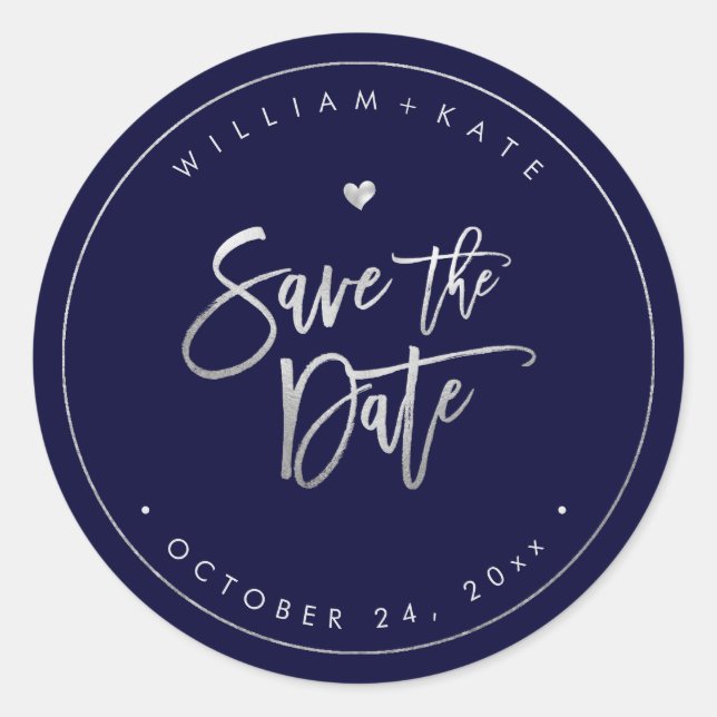 Save the Date, Imitate Silver Script, DIY Backgrou Runder Aufkleber (Vorderseite)