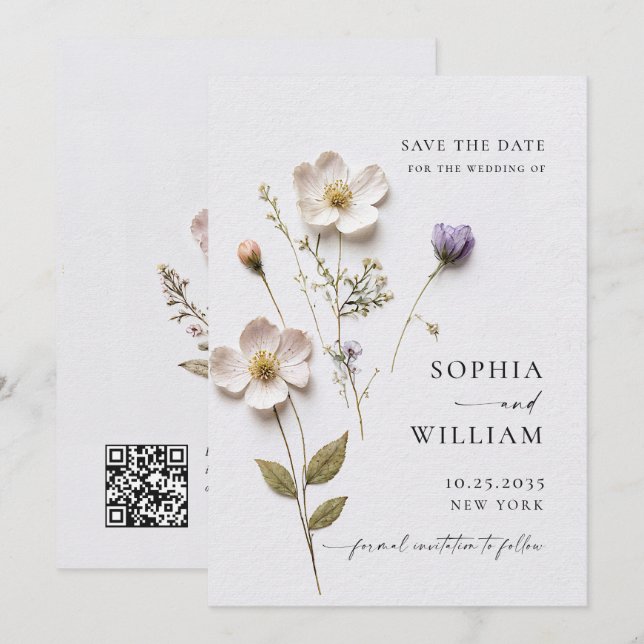 Save The Date Impression élégante Fleurs boho pastel pressées Ma (Devant / Derrière)