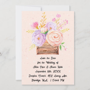 Save the Date in Peach-Blume und rustikale Gestalt Einladung