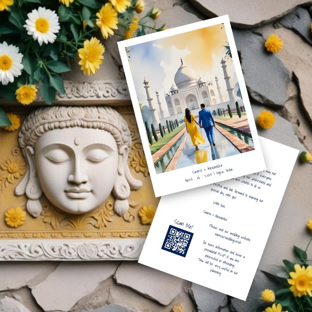 Save The Date India Agra Taj Mahal Romantic Cityscape Wedding Co (India Agra Taj Mahal Romantic Cityscape Wedding Couple Illustration Save the Dates Cards.)