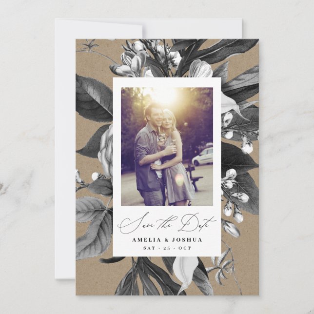 Save The Date Industrie Rustique Chic Floral Mariage Photo Kraft (Devant)