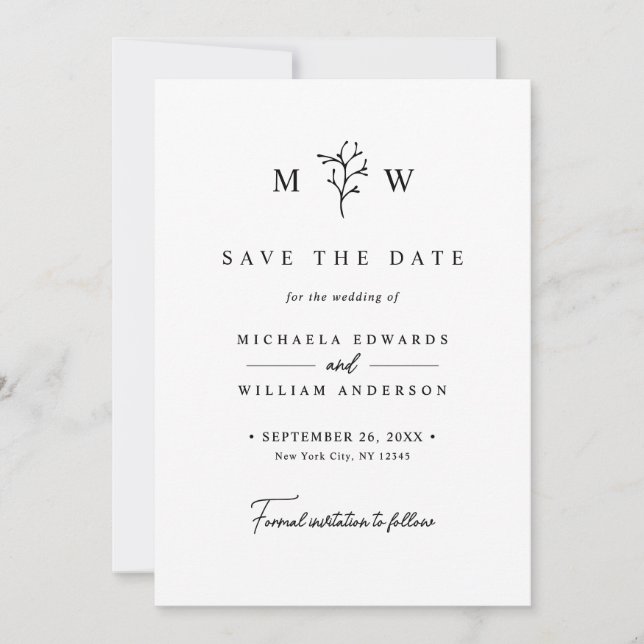 Save The Date Initiales de monogramme botanique moderne pour mar (Devant)