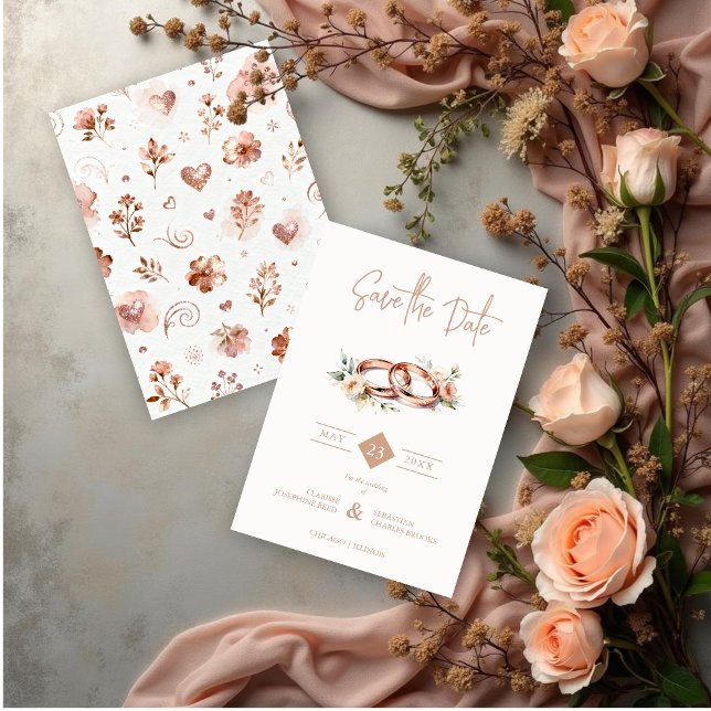 Save The Date Intertwined Timeless Wedding Rings in Rose Gold (Intertwined Timeless Wedding Rings in Rose Gold Effect with Flowers Save the Date Cards. )