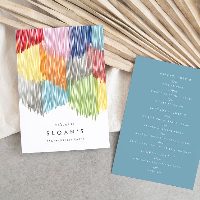 Save The Date Itinéraire de la fête de célibataire de Fringe mod (Colorful rainbow modern fringe fiesta bachelorette party itinerary cards.)