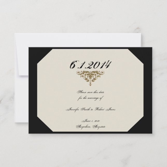 Save The Date Ivory Black and Gold Mariage damassé Enregistrer l (Devant)