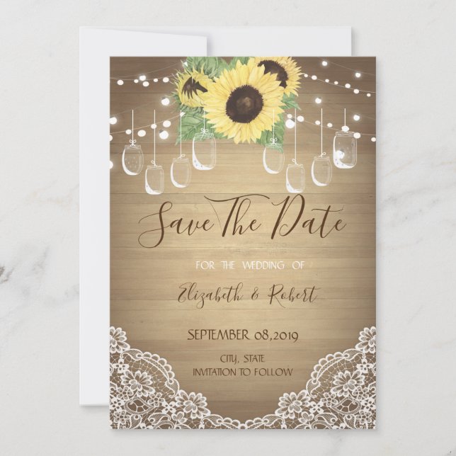 Save The Date Jar Mason Rustique, Dentelle, Tournesols Sauver La (Devant)
