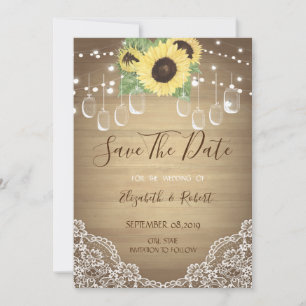 Save The Date Jar Mason Rustique, Dentelle, Tournesols Sauver La