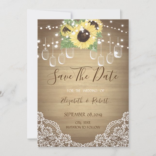 Save The Date Jar Mason Rustique, Tournesol, Dentelle Enregistre (Devant)