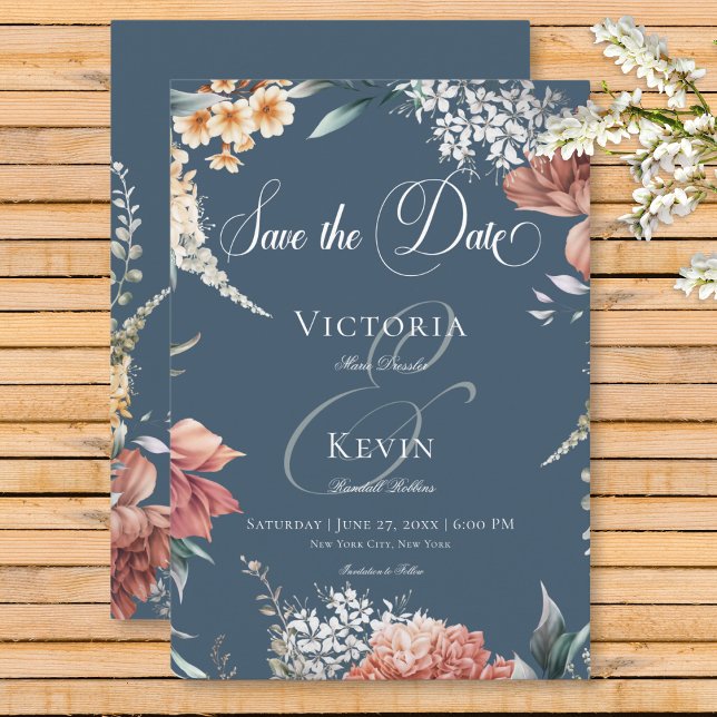 Save The Date Jardin bleu romantique moderne Mariage floral (Modern Romantic Blue Garden Floral Wedding Save the Date Card)