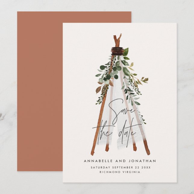 Save The Date Jardin botanique bohème moderne teepee (Devant / Derrière)