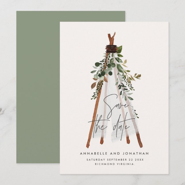 Save The Date Jardin botanique bohème moderne teepee (Devant / Derrière)