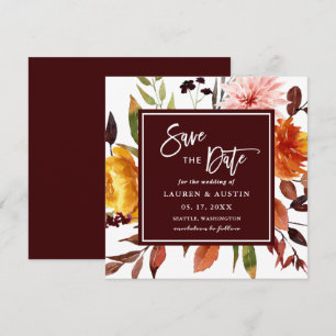 Save The Date Jardin d'automne Bourgogne Aquarelle Mariage Carré
