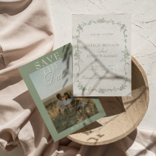 Save The Date Jardin Floral Vert Sauge Argent Ancien Photo Maria