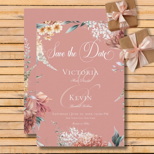 Save The Date Jardin rose romantique moderne Mariage floral (Modern Romantic Pink Garden Floral Wedding Save The Date Card)
