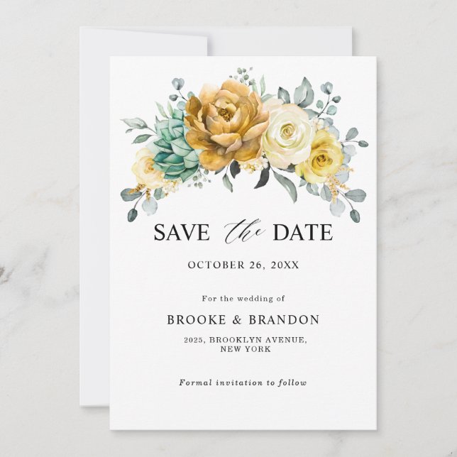 Save The Date Jaune Moutarde Floral Sage Verdure Mariage Moderne (Devant)