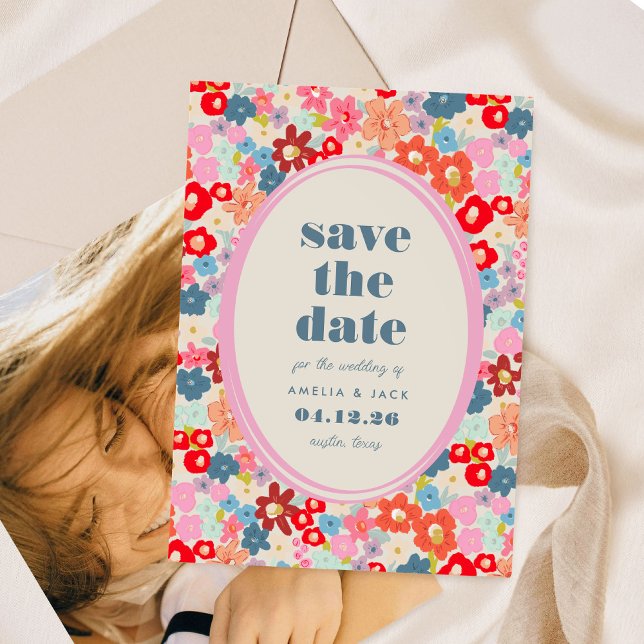 Save The Date Joie florissante Gras brillant Jardin floral Maria (Blooming Joy Bold Bright Floral Garden Wedding Save The Date)