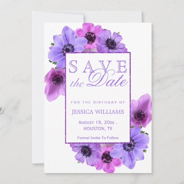 Save The Date Joli Anemones Floral Anniversaire Enregistrer La D (Devant)