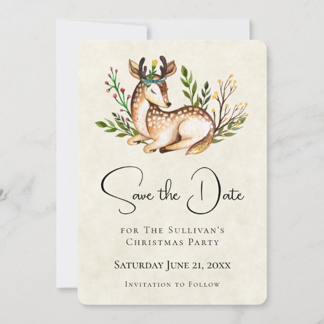 Save The Date Joli Cerf Aquarellé Posé En Bas Boho Rustique (Devant)