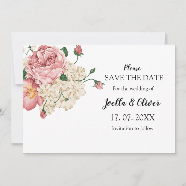 Save The Date Joli mariage à fleurs rose et crème (Devant)