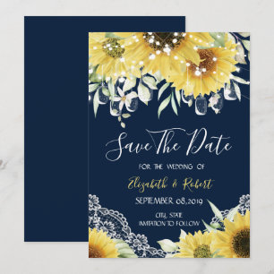 Save The Date Joli Pot en Verre, Dentelle, Tournesols Bleu Marin