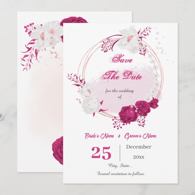 Save The Date jolie couronne florale fuchsia et blanche (Devant / Derrière)
