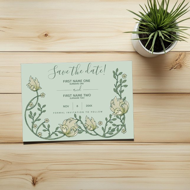 Save The Date Jolie fleurs Art nouveau vert enregistrer la date (Green art nouveau wedding save the date card with cream pretty flowers)