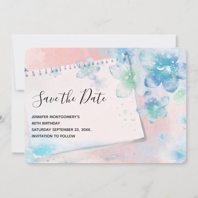 Save The Date Jolies fleurs bleues sur Arrière - plan rose (Devant)