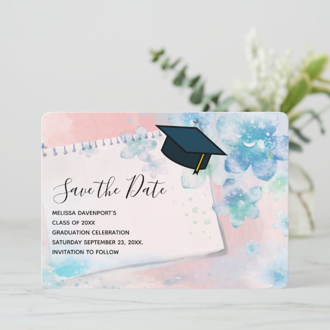 Save The Date Jolies fleurs bleues sur Arrière - plan rose (Debout devant)