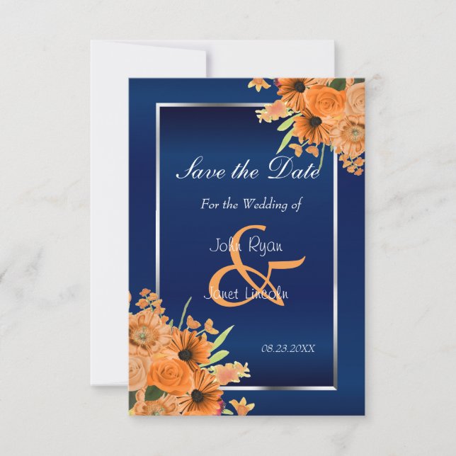 Save The Date Jolies fleurs orange sur bleu marine Enregistrer l (Devant)