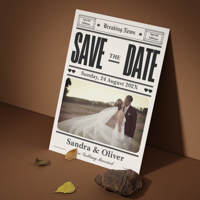 Save The Date Journal Vintage noir et blanc Enregistrer la date (Black and White Vintage Newspaper Save the Date Wedding Invitation)