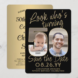 Save The Date Joyeux Anniversaire 50 Ans Fête avec 2 Photos Noir