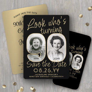 Save The Date Joyeux Anniversaire 90 Ans Fête avec 2 Photos Noir