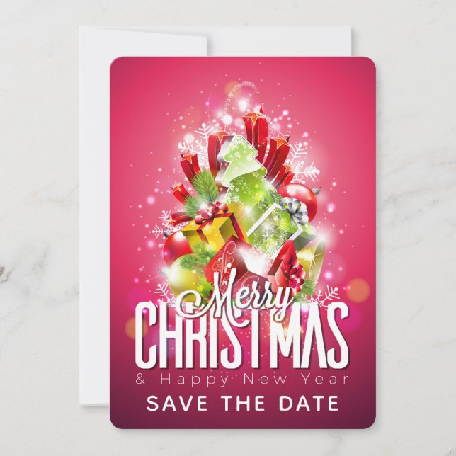 Save The Date Joyeux Noël Joyeux Nouvel An Présents & Arbre (Devant)