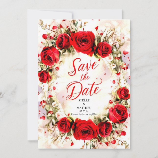Save The Date Joyeux Pastel Crimson Red Roses Mariage (Devant)