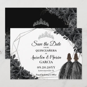 Save The Date Jumeaux floraux noirs Rose XV Silver Quinceañera