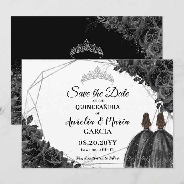 Save The Date Jumeaux floraux noirs Rose XV Silver Quinceañera (Devant / Derrière)