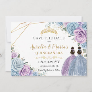 Save The Date Jumeaux floraux violets et bleus Quinceanera Sweet